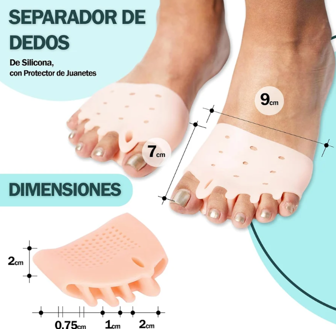 Dimensiones: 9cm x 7cm, altura 2cm — separador de dedos con protector de juanetes